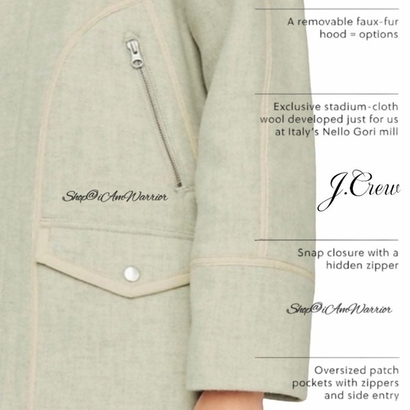 J.Crew Italian Stadium-Cloth sage Wool Coat with Faux Fur Hood *shop@iamwarrior - Picture 4 of 11